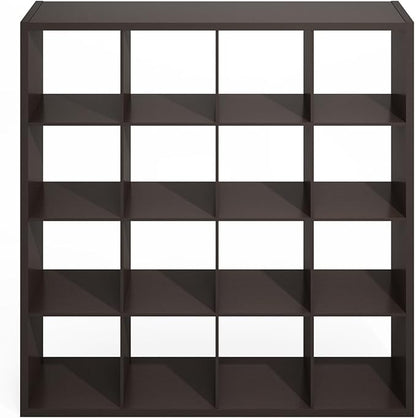 Furinno Simple Cube Storage Organizer, 16-Cube Display Shelf, Open Back Shelving Unit, Storage Shelves, Extra Thick Frame, for Organization and Storage, Living Room, Home Office, Dark Oak