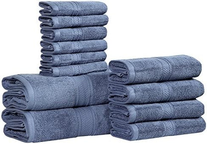 HILLFAIR Premium 100% Combed Cotton 12 Piece Bath Towels Set - Wedgewood Blue