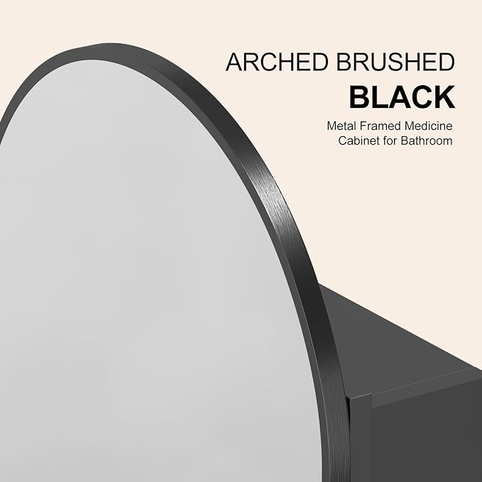 Recessed Medicine Cabinet for Bathroom,Brushed Black Arched Medicine Cabinet with Mirror,Arch Mirrored Medicine Cabinets Recessed,Bathroom Mirror with Storage,Open from Left to Right 16x26