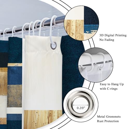 Riyidecor Navy Blue Gold Abstract Shower Curtain for Bathroom Decor 72Wx72H Boho Beige Oil Painting Modern Neutral Aesthetic Artistic Art Printed Fabric Polyester Waterproof 12 Pack Plastic Hooks