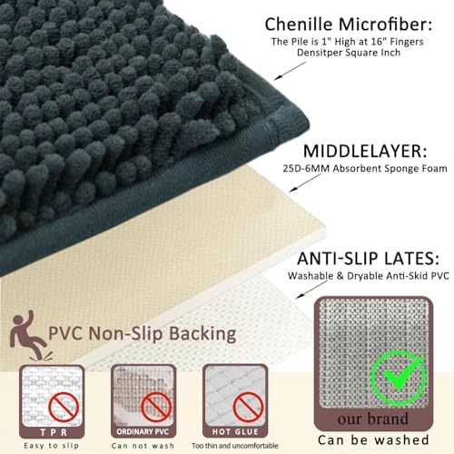 3 Piece Bathroom Rugs Set, Non-Slip Bath Mats with PVC Backing, Super Absorbent Washable Plush Carpet, Soft Shag Rug for Bathroom Bedroom Kitchen Home Decor (Dark Grey)