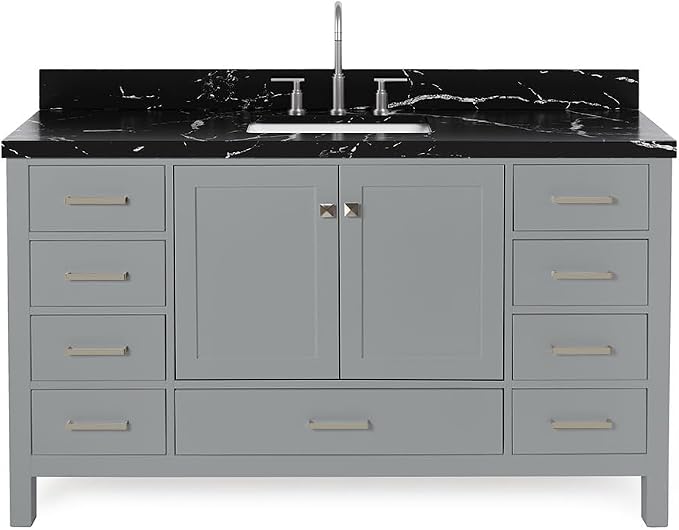 ARIEL Cambridge 60 Inch Single Rectangle Sink Bathroom Vanity with Nero Marquina Black Quartz Countertop 1.5 Inch in Grey