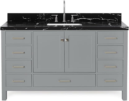 ARIEL Cambridge 60 Inch Single Rectangle Sink Bathroom Vanity with Nero Marquina Black Quartz Countertop 1.5 Inch in Grey