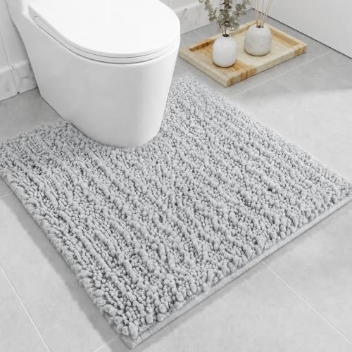 Disolla Toilet Rug 24x24 Inch - Silver U-Shaped Bathroom Floor Mat, Soft Shaggy Plush Absorbent Chenille Contour Rug, Non-Slip Washable Pedestal Base Rug