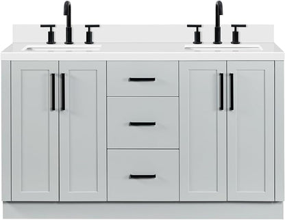 ARIEL Loren 60-inch Bathroom Vanity with Sink,Solid Wood, 1.5-inch Pure White Quartz Countertop, Double Rectangular Porcelain Sink, 4 Soft Closing Doors, 3 Dovetail Drawers, Grey
