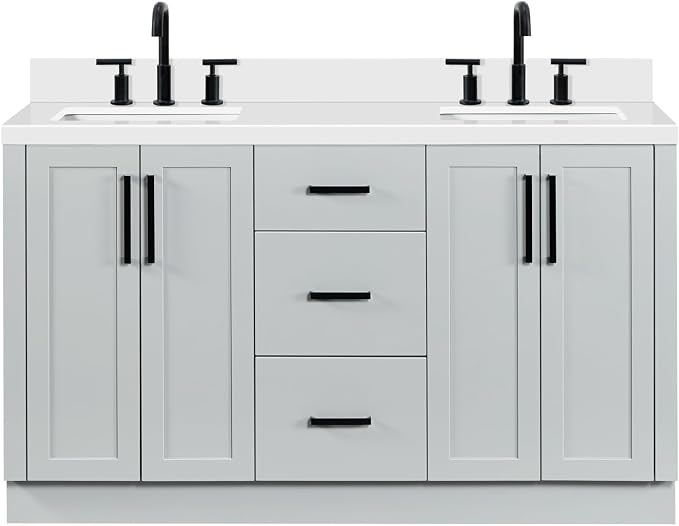 ARIEL Loren 60-inch Bathroom Vanity with Sink,Solid Wood, 1.5-inch Pure White Quartz Countertop, Double Rectangular Porcelain Sink, 4 Soft Closing Doors, 3 Dovetail Drawers, Grey