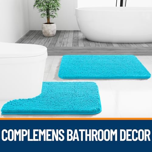 OLANLY Chenille Bathroom Rugs Mats Sets 2 Piece, 47"x20"+24"x20", Aqua Sky