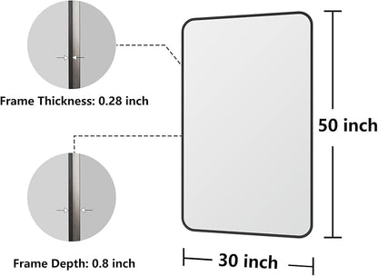 Koonmi Bathroom Mirror, 30X50 Brushed Black Rectangle Wall Mirror, HD Tempered Glass, Anti-Rust Frame Vanity Mirror, Rounded Rectangle Mirror for Restroom, Bedroom, Hangs Horizontal or Vertical