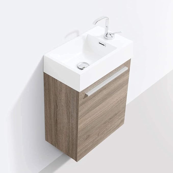 Blossom 18-Inch Floating Bathroom Vanity with Acrylic Sink and Mirror, All-Wood Construction, Space-Saving Wall Mounted Vanity for Compact Bathrooms, Modern Design Bathroom Sink Cabinet, Cart Oak