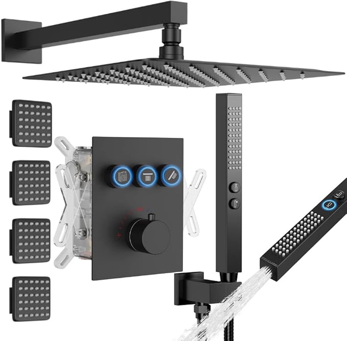 Shower System with Body Jets, STARBATH 12" Rain Shower with 2 in 1 Handheld and 4 Body Jets, Can Use All at Once, Push Button Thermostatic Valve and Trim Kit Complete Shower Faucets Sets, Matte Black