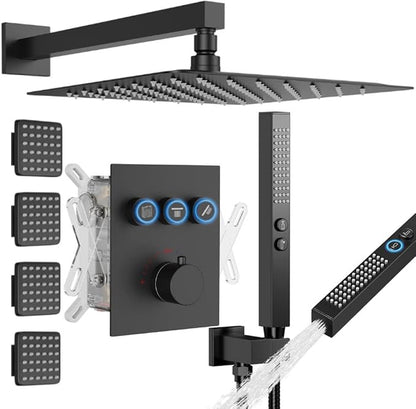 Shower System with Body Jets, STARBATH 12" Rain Shower with 2 in 1 Handheld and 4 Body Jets, Can Use All at Once, Push Button Thermostatic Valve and Trim Kit Complete Shower Faucets Sets, Matte Black