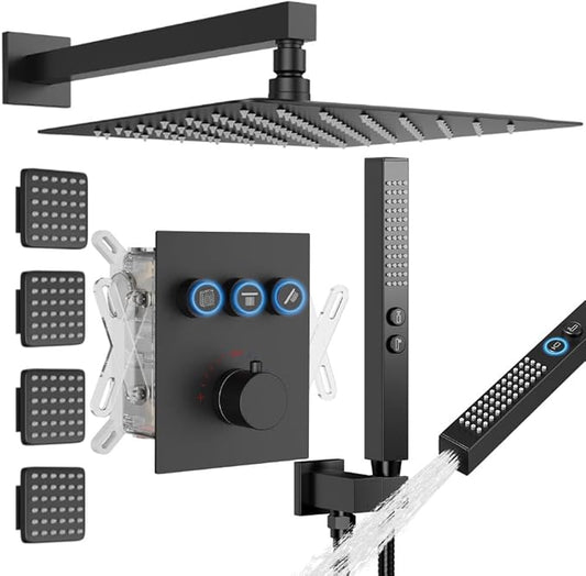 Shower System with Body Jets, STARBATH 12" Rain Shower with 2 in 1 Handheld and 4 Body Jets, Can Use All at Once, Push Button Thermostatic Valve and Trim Kit Complete Shower Faucets Sets, Matte Black