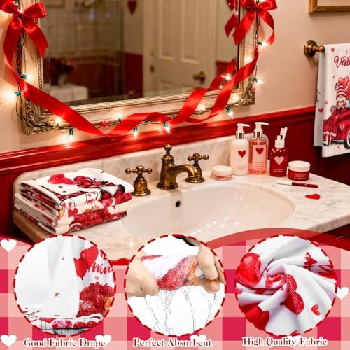 FuWeave 8 Pcs Valentines Shower Curtain Set Red Heart Sweet Love Romantic Bathroom Decor Valentines Day Gnome Waterproof Shower Curtain Towels Non Slip Rug Toilet Lid Cover Bath Mat with 12 Hooks