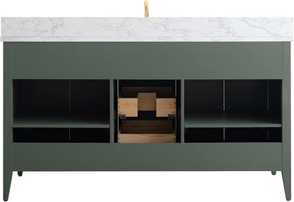Vanity Art 60 inch Bathroom Vanity with Single Sink & Ceramic Top, Vanity Cabinet with Soft-Closing Doors, Drawers, Solid Wood Frame, Vintage Green, VA9060-SVG-GB1