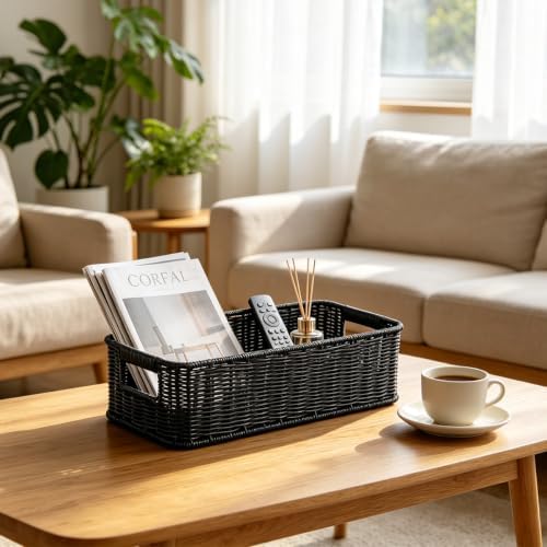 2pcs Toilet Paper Basket Black Handwoven Wicker Shelf Storage Basket