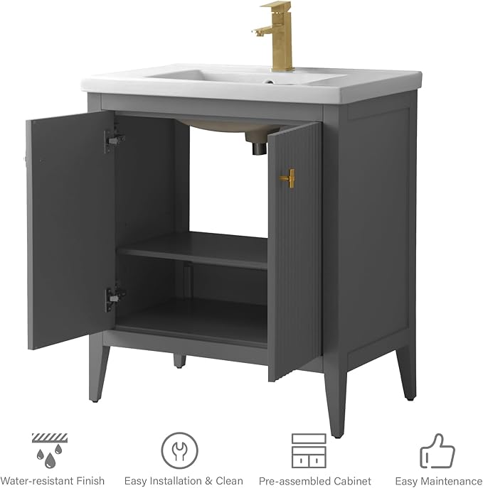 HOMEBEYOND 30" Bathroom Vanity with Ceramic Sink, Solid Wood Free-Standing Vanities Cabinet, Ceramic Top, Golden Brushed Handware & Soft Closing Door, Cashmere Gray