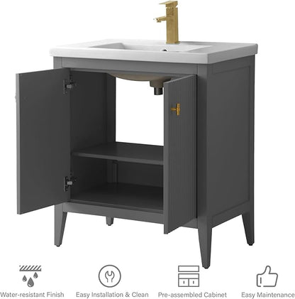 HOMEBEYOND 30" Bathroom Vanity with Ceramic Sink, Solid Wood Free-Standing Vanities Cabinet, Ceramic Top, Golden Brushed Handware & Soft Closing Door, Cashmere Gray
