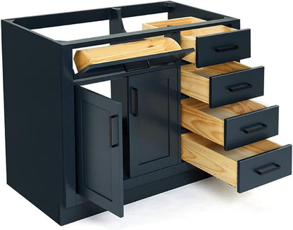 ARIEL Hepburn 42-inch Bathroom Vanity Base Cabinet,Solid Wood, 2 Soft Closing Doors, 5 Dovetail Drawers, Midnight Blue