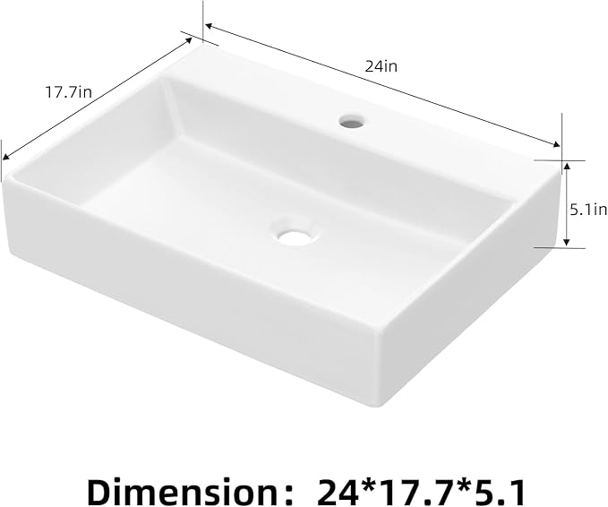 Vessel Sink 24.02x17.72 Inch, Square Ceramic Bathroom Vessel Sink, Drop-In Above Counter Vanity Sink for Bathroom, White Wash Basin Bowl