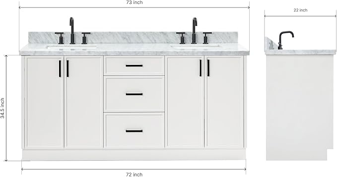 ARIEL Kelly 72-inch Bathroom Vanity with Sink,Solid Wood, 1.5-inch Italian Carrara Marble Countertop & Backsplash, Double Rectangular Porcelain Sink, 4 Soft Closing Doors, 5 Dovetail Drawers, White