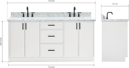 ARIEL Kelly 72-inch Bathroom Vanity with Sink,Solid Wood, 1.5-inch Italian Carrara Marble Countertop & Backsplash, Double Rectangular Porcelain Sink, 4 Soft Closing Doors, 5 Dovetail Drawers, White