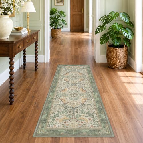 Hazo Haus Boho Long Bathroom Runner Rug 2x6 - Floral & Bird Runner Rug for Kitchen Floor, Hallway, Laundry Room, Bedroom, Entrance, Sage Green Vintage Decor, Washable Non Slip Low Pile - Light Green