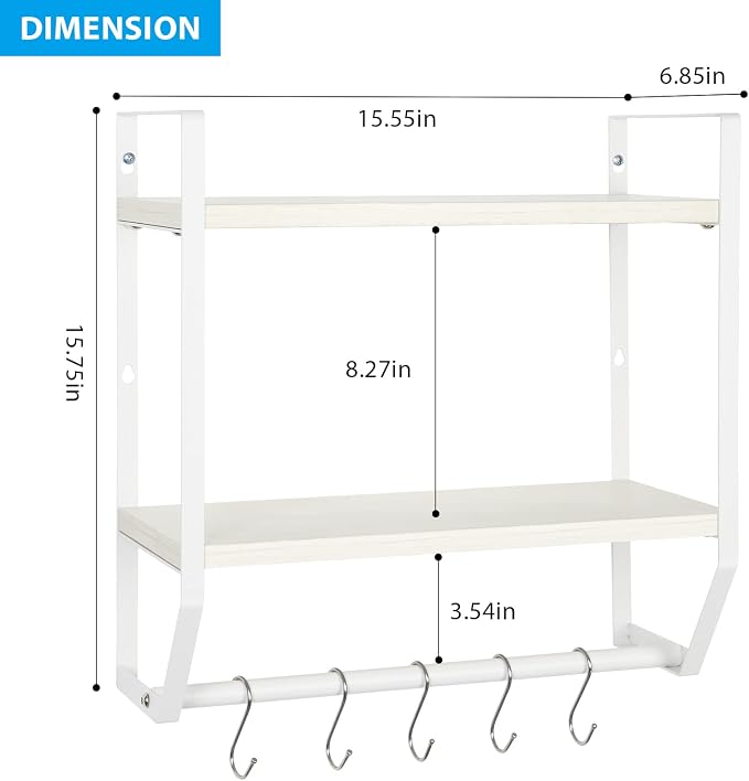 OYEAL Bathroom Shelf with Towel Bar Wall Mounted | Towel RaRustic Towel Shelf for Bathroom with 5 Hooks, 2 Tier Shelf Storage Organizer for Living Room, Kitchen, Bedroom, White