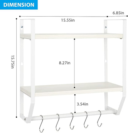 OYEAL Bathroom Shelf with Towel Bar Wall Mounted | Towel RaRustic Towel Shelf for Bathroom with 5 Hooks, 2 Tier Shelf Storage Organizer for Living Room, Kitchen, Bedroom, White