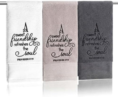 Tiamon 3 Pcs Bathroom Towel Decorative Set 100% Cotton Fluffy Bath Hand Towels for Guest Gifts Farmhouse Kitchen Hand Towels Home(Black, White, Gray,30 x 13 Inch,Friendship)