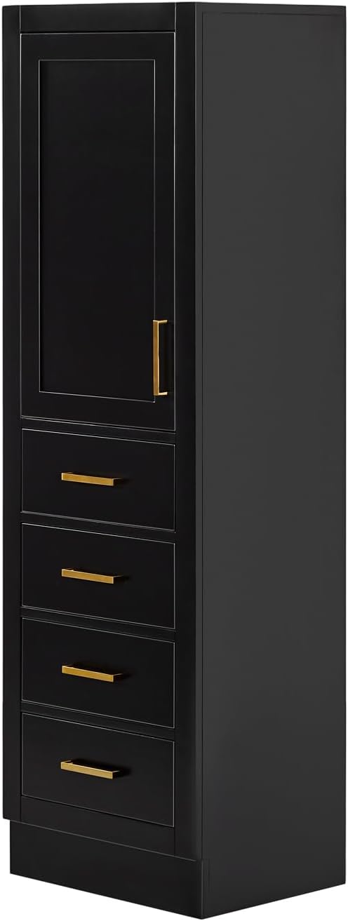 ARIEL Hepburn Bathroom Storage Cabinet - Solid Hevea Wood and Fully Assembled for Long-Lasting Durability and Sophisticated Finish, Freestanding Linen Bathroom Cabinet - 65”H x 20”W x 16”D, Black