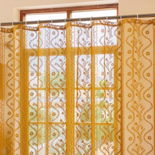 WAZZIO Yellow Lace Shower Curtain for Bathroom 72" W x 72" L, Victorian Farmhouse Floral Pattern Tassel Fancy Shower Curtain Boho Washable Cloth Decorative Bath Curtains,1 Panel
