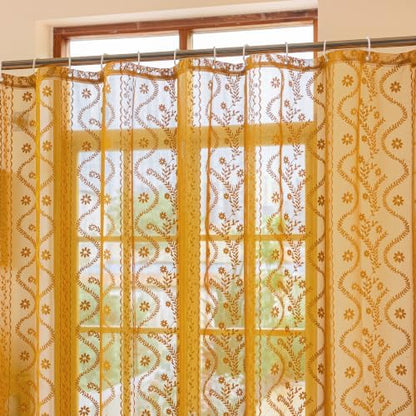 WAZZIO Yellow Lace Shower Curtain for Bathroom 72" W x 72" L, Victorian Farmhouse Floral Pattern Tassel Fancy Shower Curtain Boho Washable Cloth Decorative Bath Curtains,1 Panel