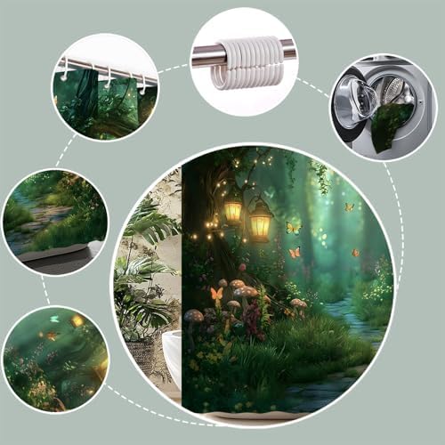 Fantasy Forest Path Shower Curtain Fairy Magical Enchanted Misty Jungle Mushroom Floral Tree Butterfly Lantern Wonderland Bath Curtain Fabric Bathroom Accessories Decor with Hooks 70W x70L