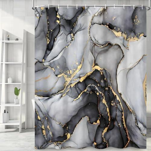 Black Marble Shower Curtain, Modern Abstract Luxury Black Gold Ink Texture Watercolor Art Bathroom Curtains Ombre Machine Washable Waterproof Fabric Bathtub Curtain Set with Hooks 36" Wx72 L