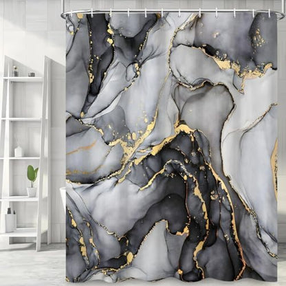 Black Marble Shower Curtain, Modern Abstract Luxury Black Gold Ink Texture Watercolor Art Bathroom Curtains Ombre Machine Washable Waterproof Fabric Bathtub Curtain Set with Hooks 36" Wx72 L