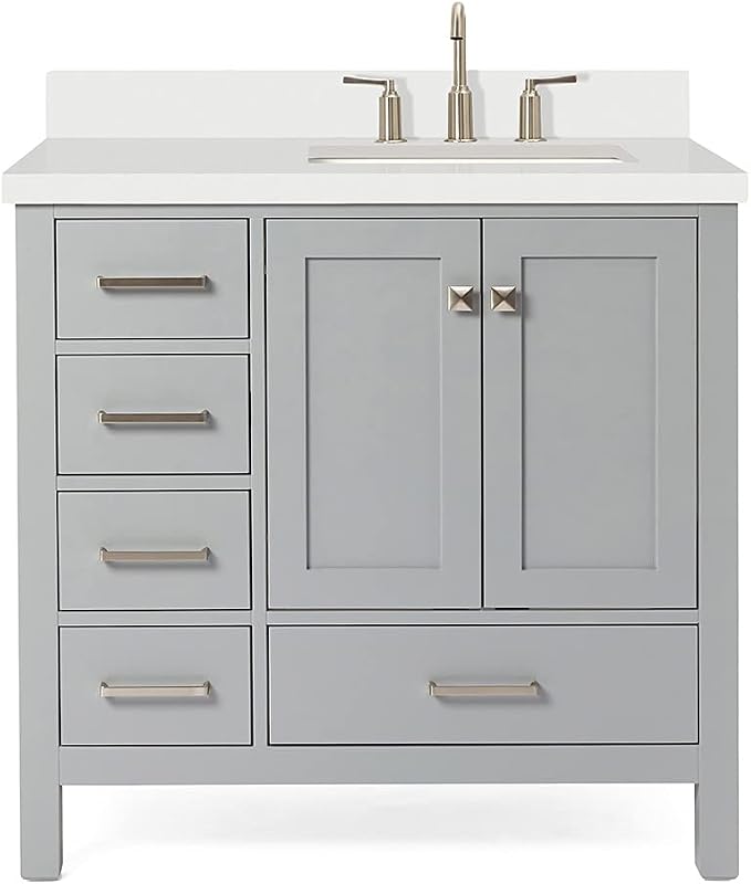 ARIEL Cambridge 36-inch Bathroom Vanity with Sink,Solid Wood, 1.5-inch Pure White Quartz Countertop & Backsplash, Single Rectangular Porcelain Sink, 2 Soft Closing Doors, 5 Dovetail Drawers, Grey