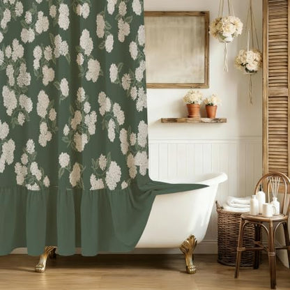 ORTIGIA Linen Textured Ruffle Shower Curtain with Metal Hooks, Vintage Dark Green Hydrangea Floral Boho Waterproof Bath Curtain for Rustic Farmhouse Bathroom Decor 72x72 Inch