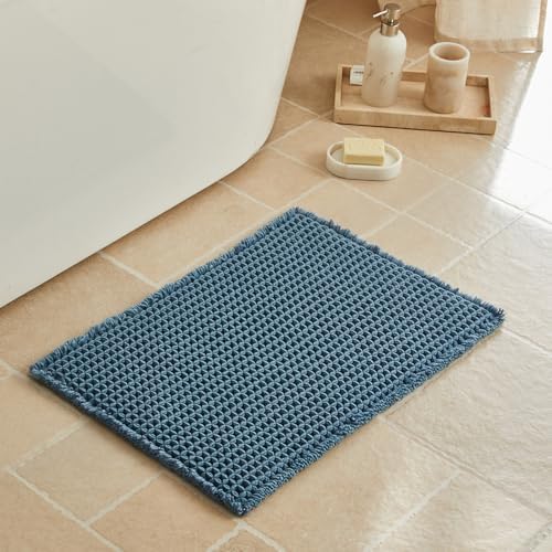 Triohero Waffle Bath Mat, Small Boho Bathroom Rugs, 16x24 Denim Blue