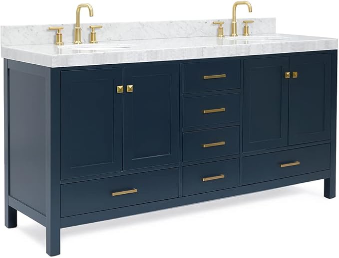 ARIEL Cambridge 72-inch Bathroom Vanity with Sink,Solid Wood, 2-inch Italian Carrara Marble Countertop, Double Oval Porcelain Sink, 4 Soft Closing Doors, 6 Dovetail Drawers, Midnight Blue