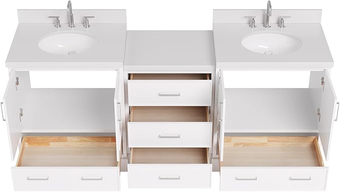 ARIEL Stafford 84-inch Bathroom Vanity with Sink,Solid Wood, 1.5in Pure White Quartz Countertop & Backsplash, Double Oval Porcelain Sink, 4 Soft Closing Doors, 5 Dovetail Drawers, White