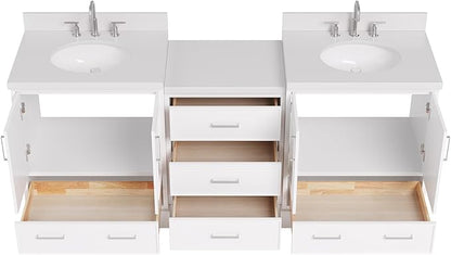 ARIEL Stafford 84-inch Bathroom Vanity with Sink,Solid Wood, 1.5in Pure White Quartz Countertop & Backsplash, Double Oval Porcelain Sink, 4 Soft Closing Doors, 5 Dovetail Drawers, White