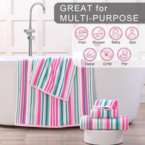 VOOVA & MOVAS Striped Towels 6 Pack, 100% Cotton, Pink Aqua