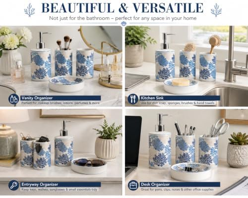 4-Piece Ceramic Bathroom Accessory Set, Blue Coastal Coral Design Soap Dispenser, Toothbrush Holder, Tumbler and Soap Dish, Ocean Sea Fan Bathroom Countertop Decor