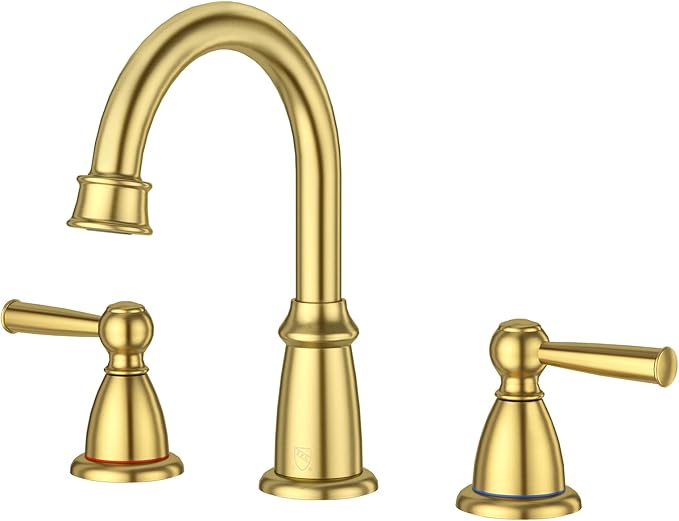 CREA Gold Bathroom Faucet 3 Hole,2 Handles 8 Inch Widespread Bathroom Faucets with Drain,360°Swivel 3 Pieces Brushed Gold Faucet for Bathroom Vanity Basin Mixer Tap(cPUC Supply Line)