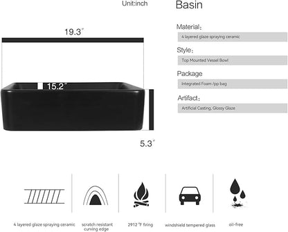 Ceramic Bathroom Sink, Black 19" x 15" Above Counter Porcelain Vessel Sink with Black Faucet and Pop up drain Set, Rectangle