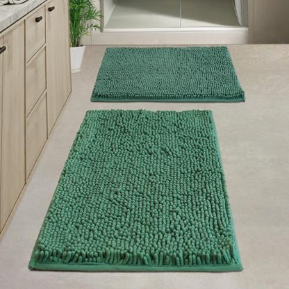 Bathroom Rugs Chenille, Extra Thick and Absorbent, Non-Slip, Machine Washable, Dry Quckily, Soft Cozy Plush, Used Under Shower Bathtub and Sink, Bath mat Sets 2Piece Dark Green