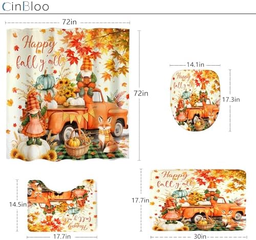Autumn Fall Pumpkin Maple Leaves 4Pcs Bathroom Shower Curtain Set with Rugs