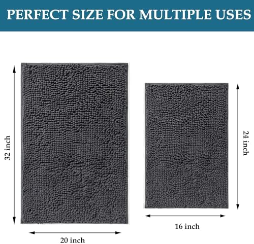 Bathroom Rugs Set 2 Piece Bathroom Mats Bath Rugs Non Slip Bath Rugs for Bathrooms, Thick Soft Chenille Rug Set, Bathtub Mats, Ultra Absorbent Bath Carpet, Shaggy Bathrooms Floor Mat, Deep Grey