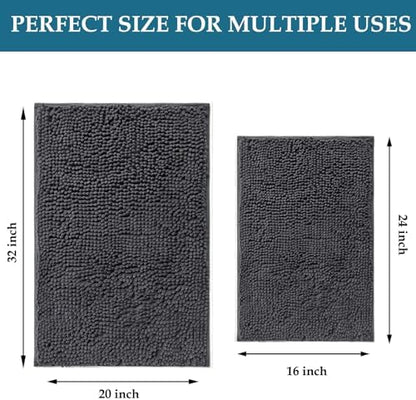 Bathroom Rugs Set 2 Piece Bathroom Mats Bath Rugs Non Slip Bath Rugs for Bathrooms, Thick Soft Chenille Rug Set, Bathtub Mats, Ultra Absorbent Bath Carpet, Shaggy Bathrooms Floor Mat, Deep Grey