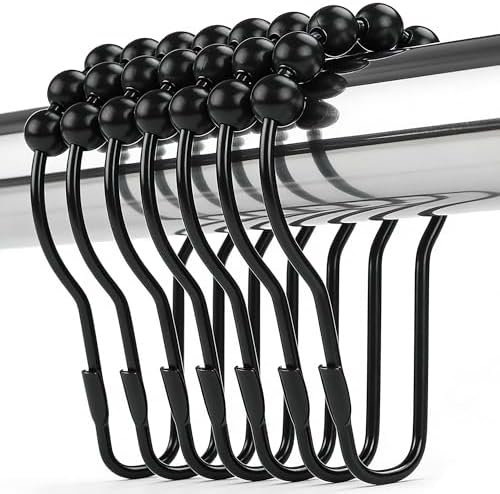 Shower Curtain Hooks Rings, Rustproof Metal Shower Curtain Rings for Bathroom Shower Rods Curtains - Set of 12, Matte Black